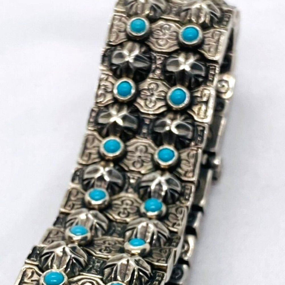 SOLD!! Konstantino Sterling Silver Turquoise Panel Links Bracelet 6.75" - Picture 6 of 16